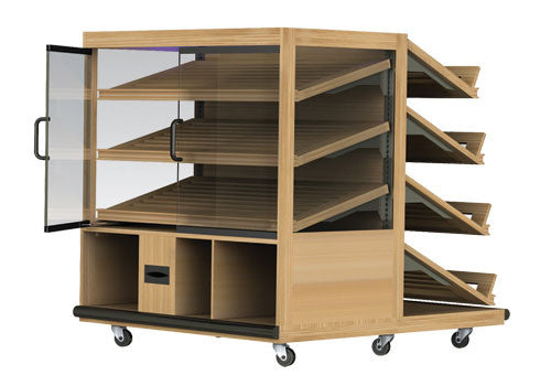 Bakery Display 3 shelf pastry display features glass doors to keep your pastries fresh. With storage down below for bags and tissue. 4 adjustable shelves on the back for island merchandising.